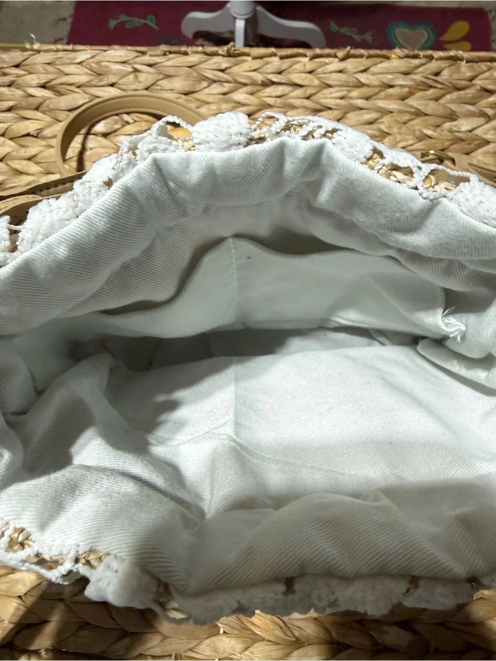 Woven Straw Crossbody Bag with White Floral Lace Overlay